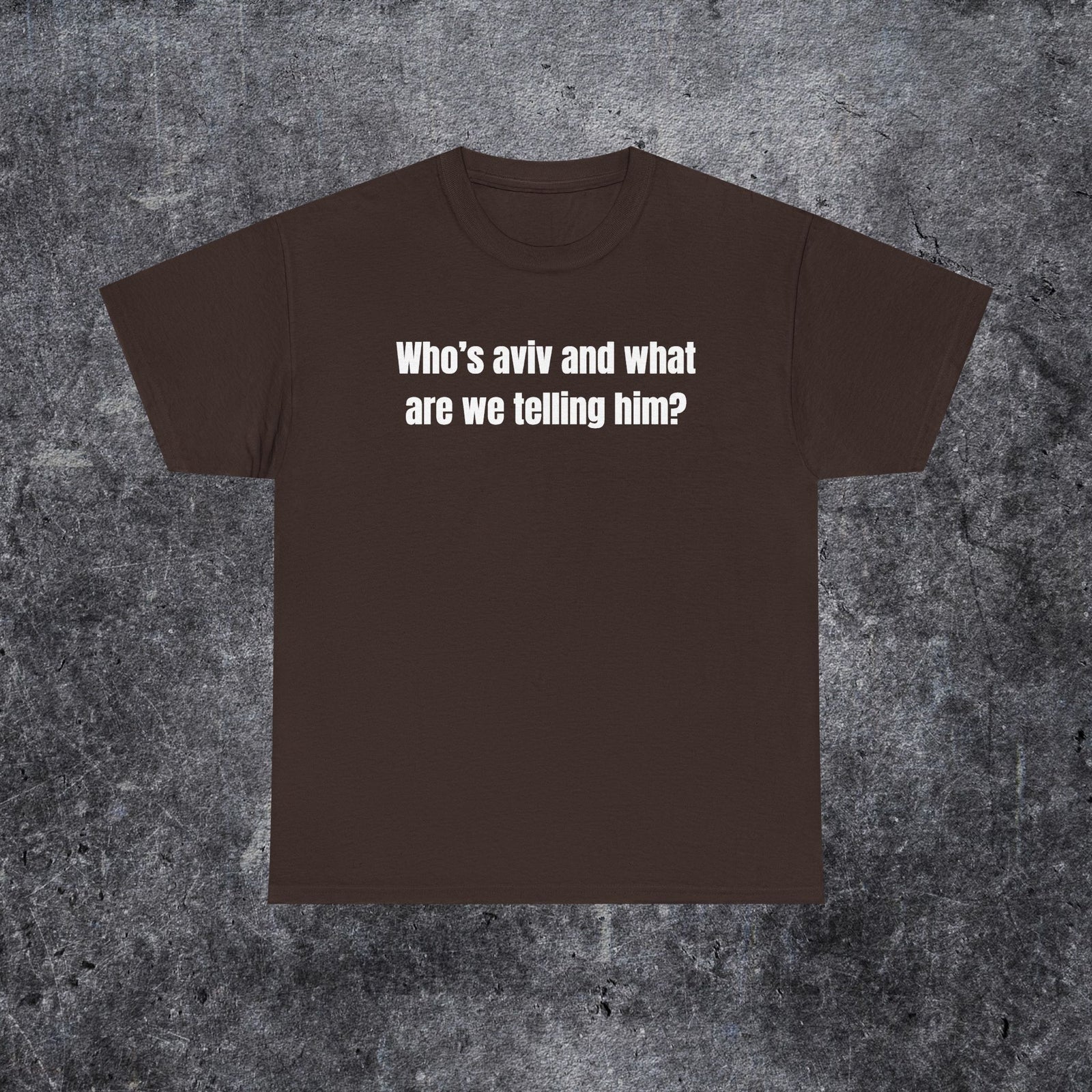 who's aviv and what are we telling him shirt, tel aviv meme, funny gen z and gen alpha humour