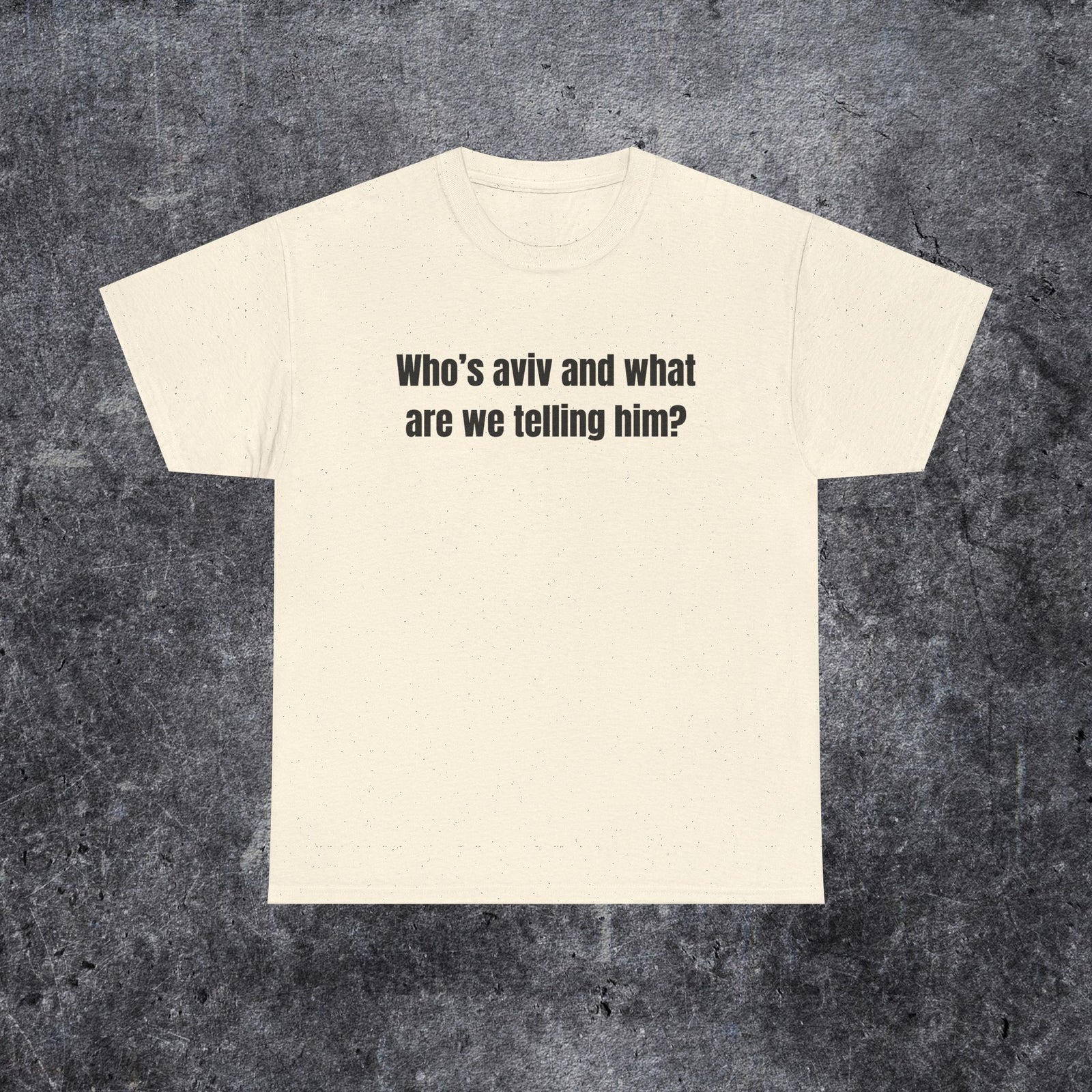who's aviv and what are we telling him shirt, tel aviv meme, funny gen z and gen alpha humour