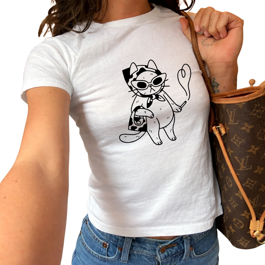 smoking cat Y2K baby tee