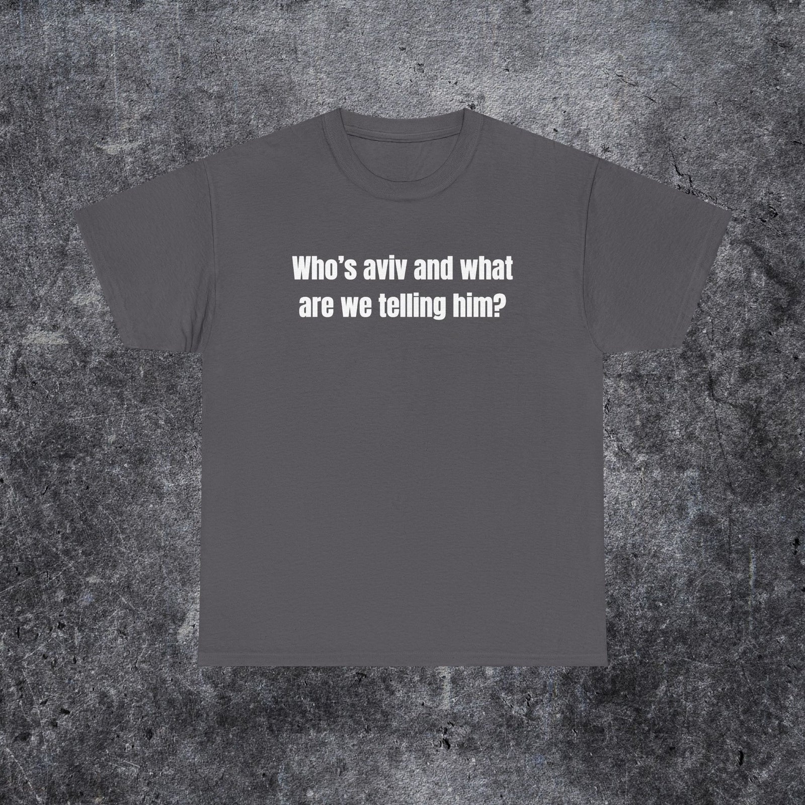 who's aviv and what are we telling him shirt, tel aviv meme, funny gen z and gen alpha humour